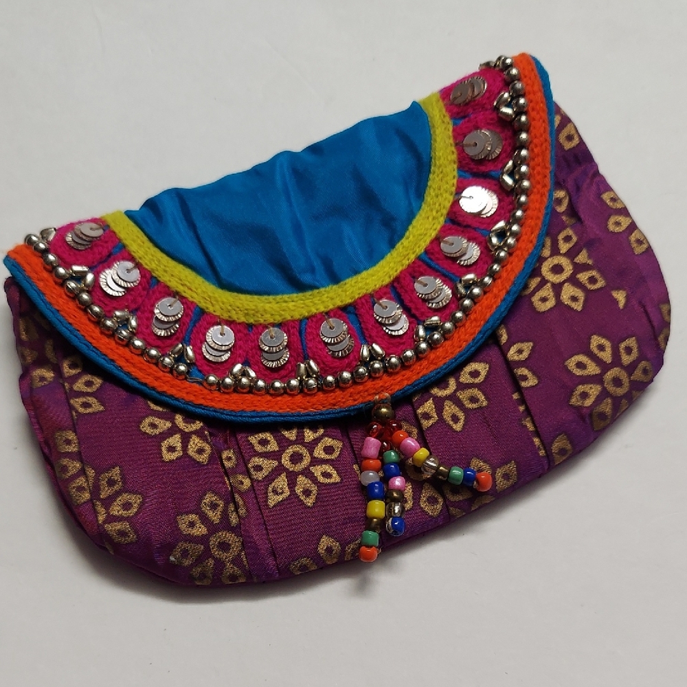 Hand Made Colorful Embroidered Purple Mini Clutch Bag with Bead Tassel